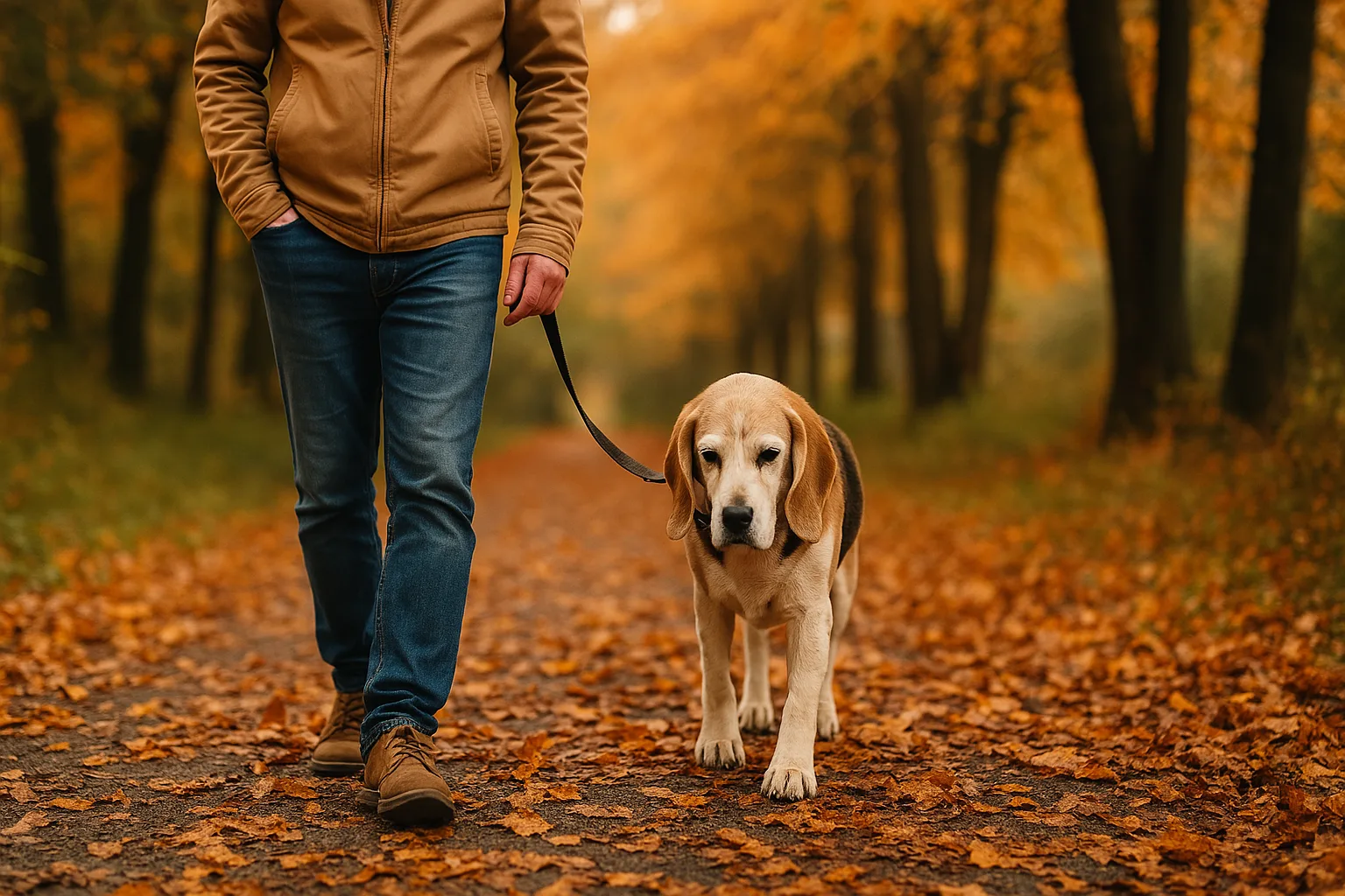 Un beagle senior qui marche avec son maitre