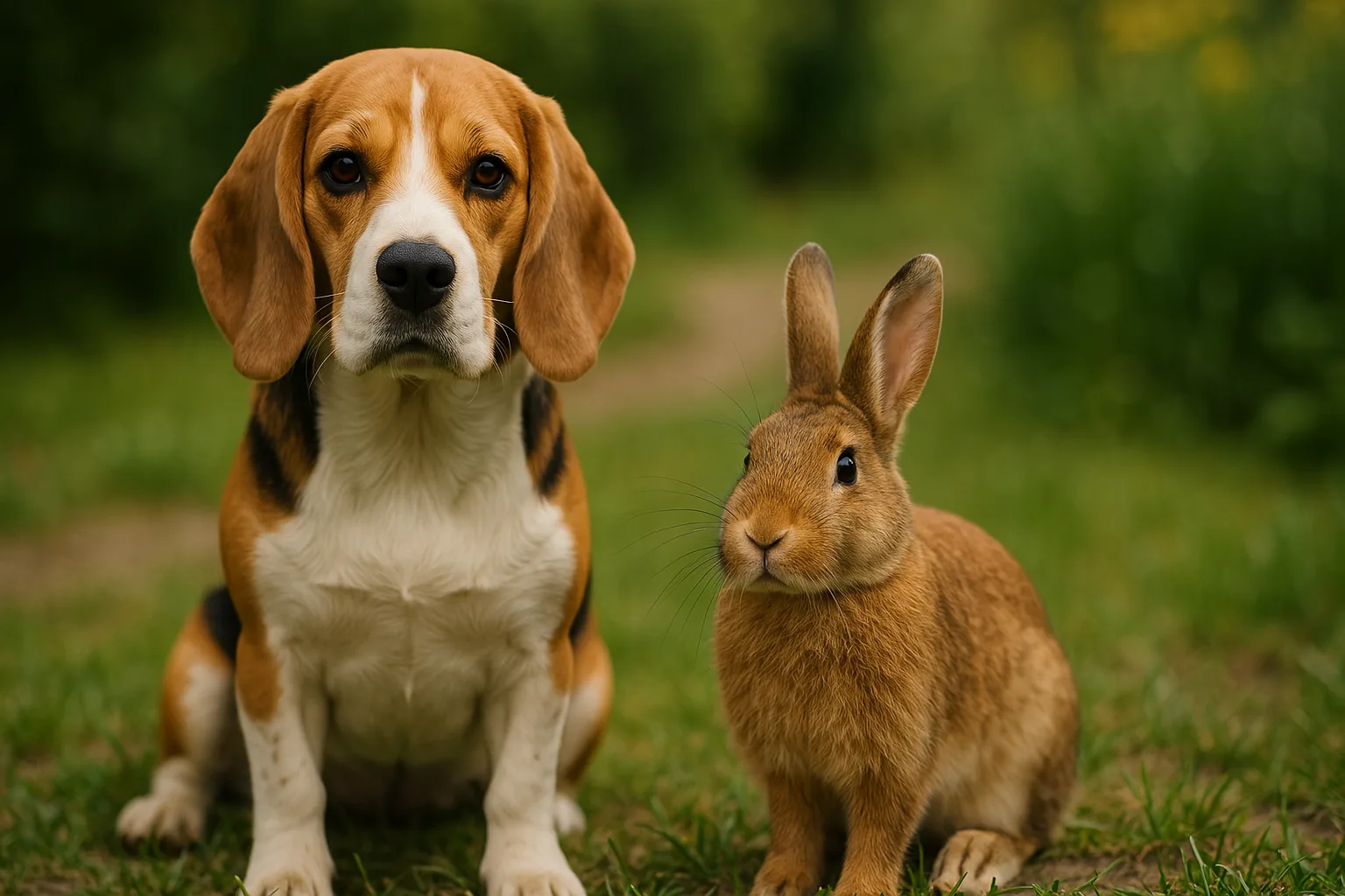 Un bealge avec un lapin dans un jardin